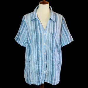 Alfred Dunner SS Roll Tab Full Button Top Sz 2X Blue Textured Beach Grandmacore